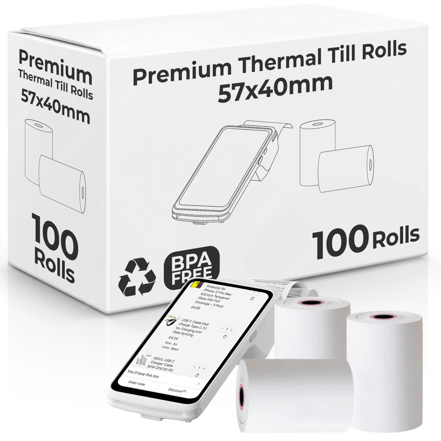eCompostable Till Rolls 57x40 Thermal Till Rolls, 70 GSM Thick, and 10.8 Meters in Length, Till Roll 57x40, Making it widely Used and Compatible with Most Card Machine Paper 100 Rolls