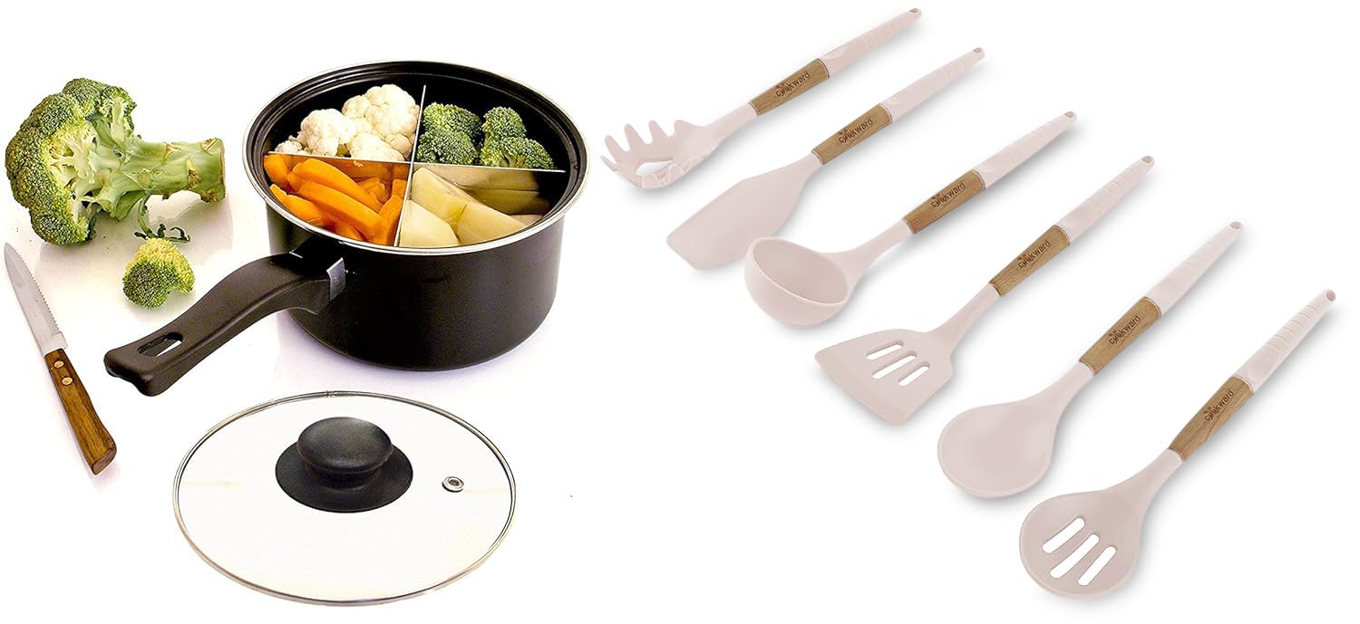 Juego de utensilios de cocina de silicona (6 piezas) de madera natural, ecológicos y sin BPA, antiarañazos y antiadherentes, de fácil agarre, color blanco