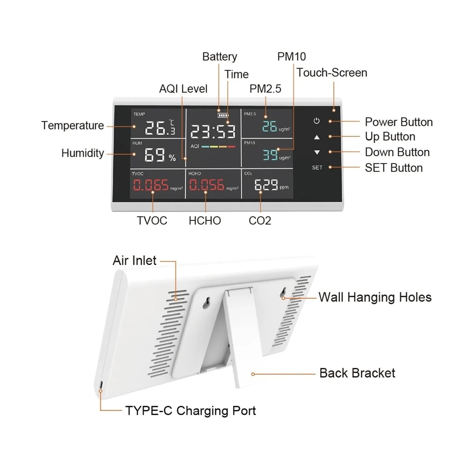 DM155C 9 in 1 Rilevatore di qualità dell'aria CO2/PM2.5/HCHO Monitor multigas da tavolo con display touch for la casa Interno/esterno