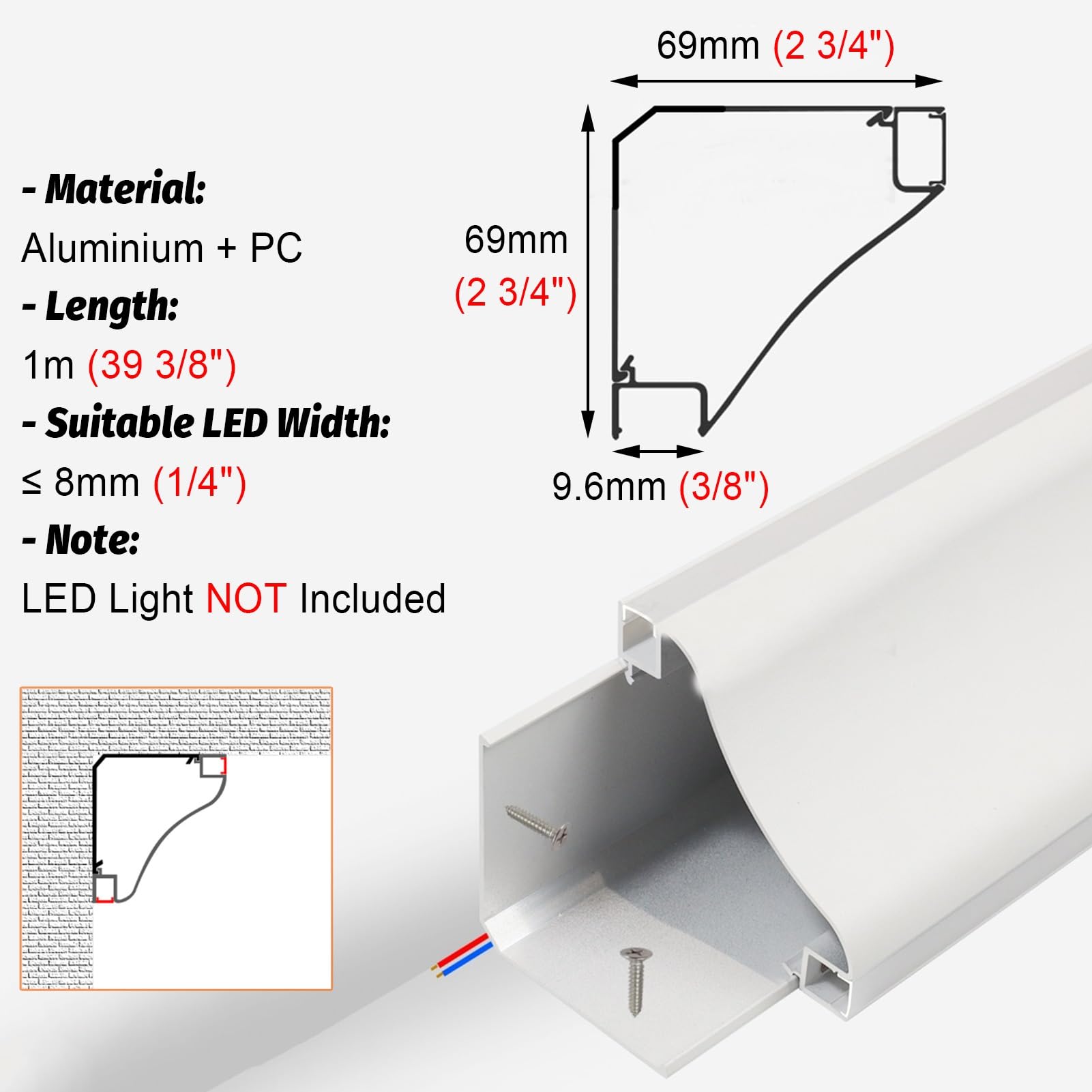 Dwustronny system oświetlenia LED do taśm 8 mm, aluminiowy kanał ścienny i sufitowy, obudowa listwy przypodłogowej, 14,0 m, dekoracja domu