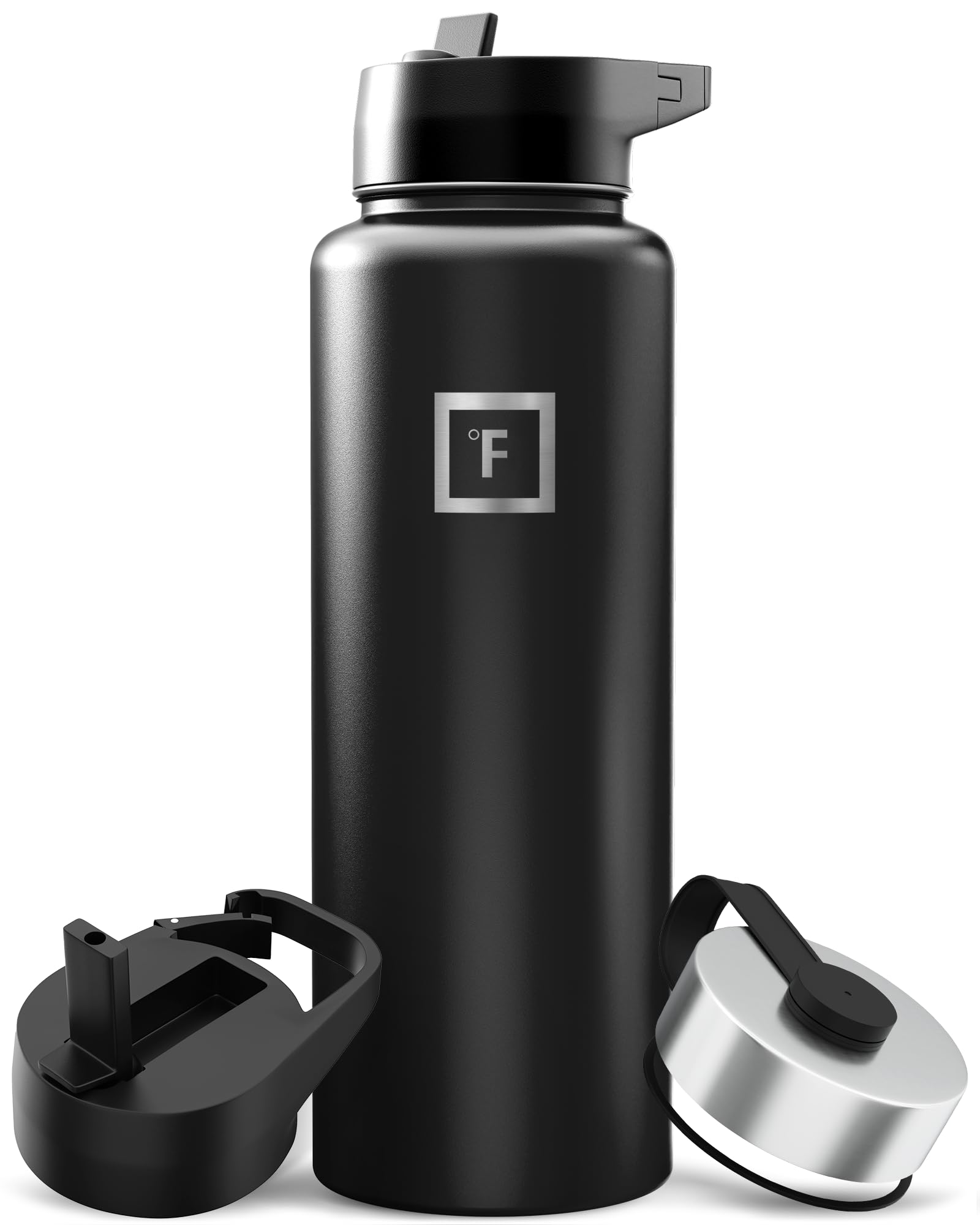 IRON °FLASK Sports Water Bottle - Wide Mouth with 3 Straw Lids - Stainless Steel Gym & Outdoor Bottles for Men, Women & Kids - Double Walled, Insulated Thermos, Metal Canteen - Midnight Black, 40 Oz