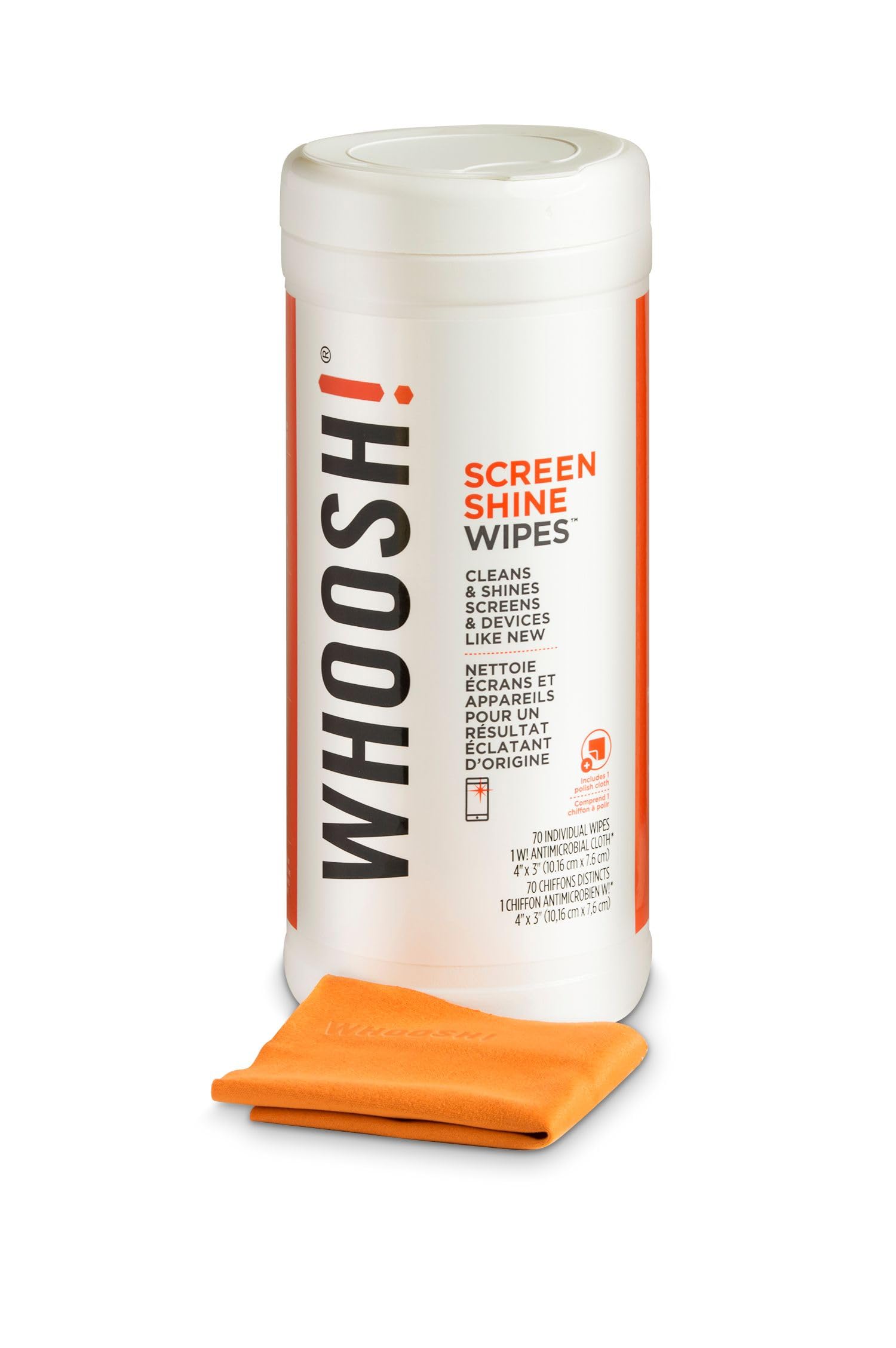 WHOOSH! Lingettes Nettoyantes Écran 70 Unités Pour Nettoyage Écran TV Lunettes Voiture Ordinateur Portable Avec Chiffon Microsuede Sans Peluches Non Abrasif Finition Sans Traces Nettoyant Écran