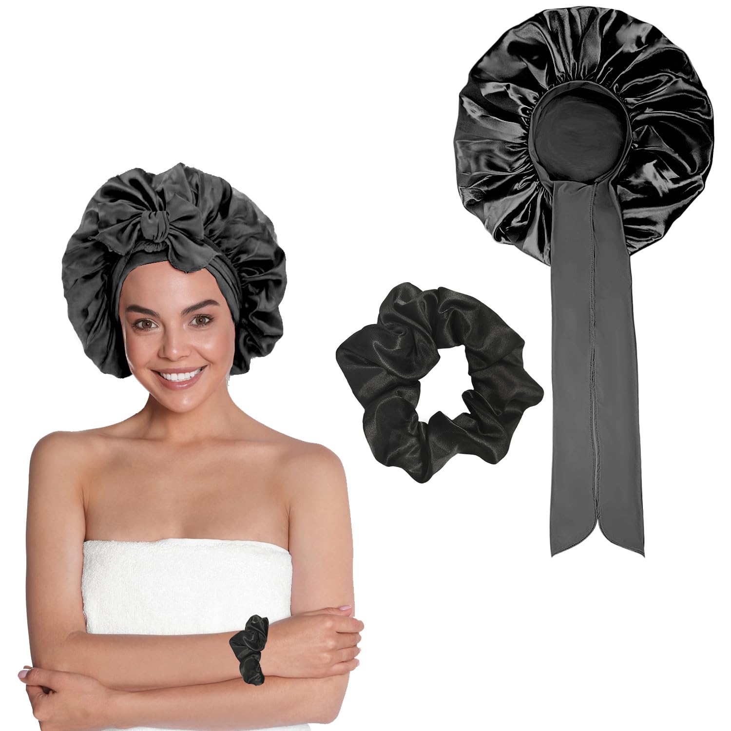 1 Pcs Silk Bonnet for Sleeping, Black, M