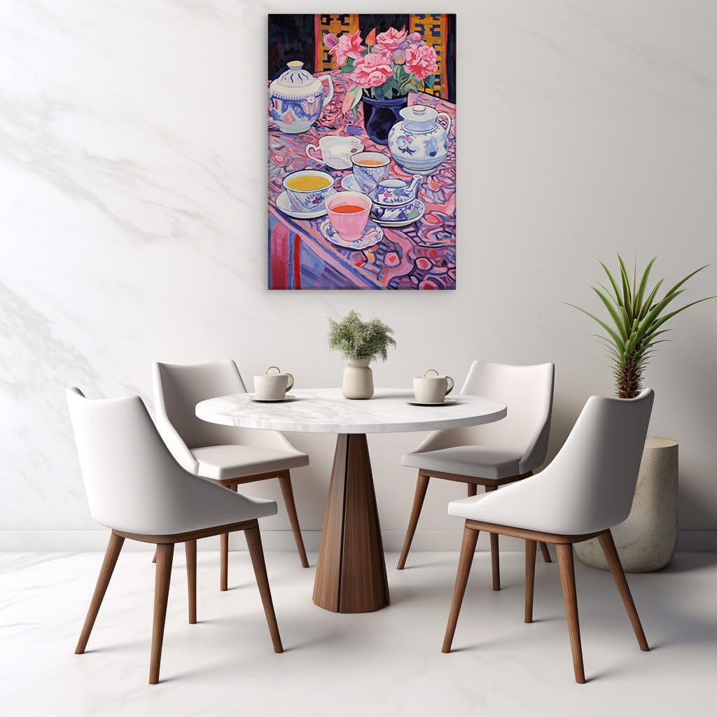 Art Wall: a Serene Tea Set Amidst Vibrant Flowers and Sumptuous Textiles. Interior Decor, Canvas Art Design, Art Apartment Decoration, Office Arts Design. Size:: 69x46 cm (27x18 inch)