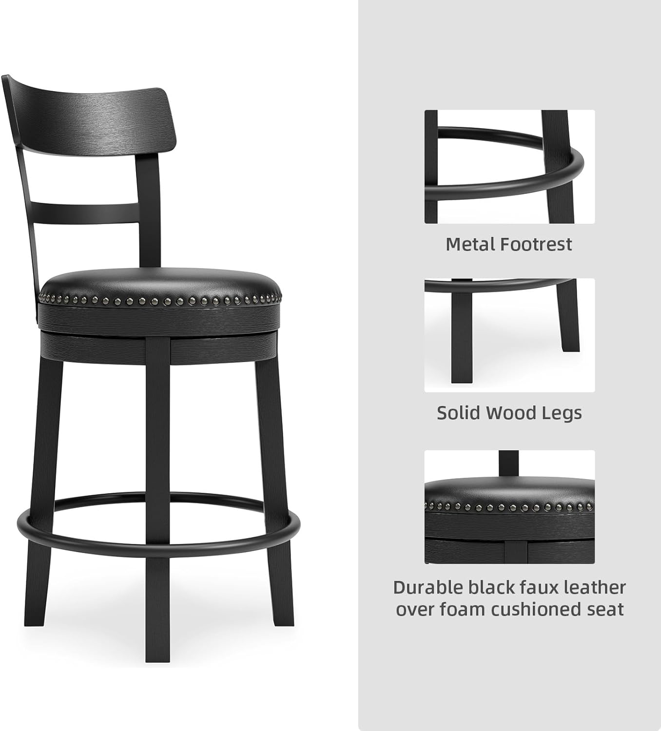 Signature Design by Ashley Valebeck Faux Leather Upholstered Swivel Barstool, Nailhead Trim, Solid Wood, 16.75 W x 19.75 D x 37.25 H, Antique Black