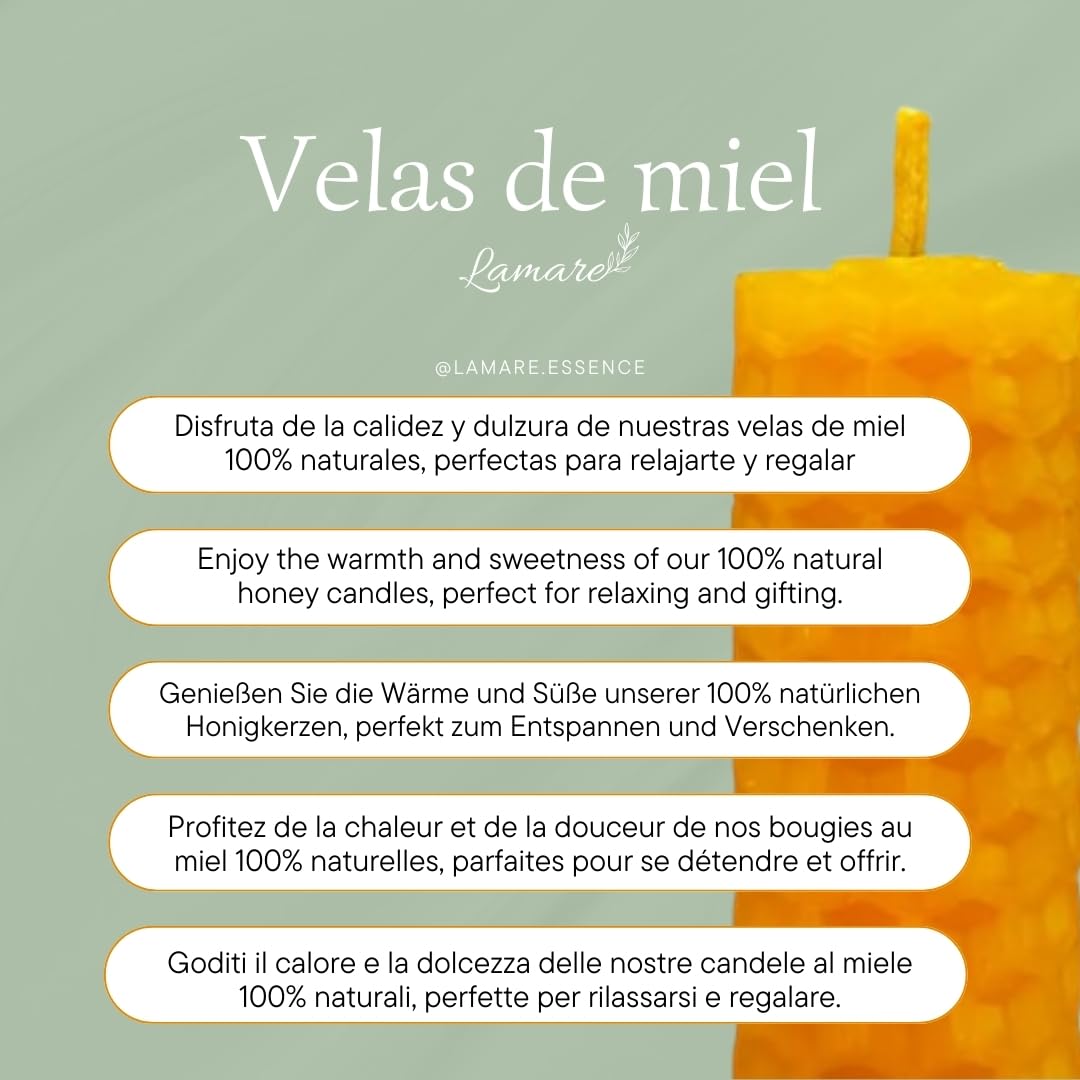 LAMARE 8 Velas de Miel de Abeja Natural 100% Cera de Abeja Hechas a Mano Sin Parafina - Ritual Mágico Buena Suerte 11/22 - Velas Decorativas - Perfectas para regalo (15 cm x 3 cm)