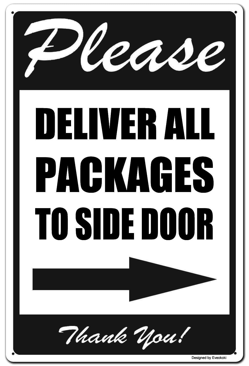 2 Pack Please Deliver All Packages to Side Door Right Arrow Thank You Signs, 8x 12 Inches Please Delivery Sign Aluminum Metal Sign