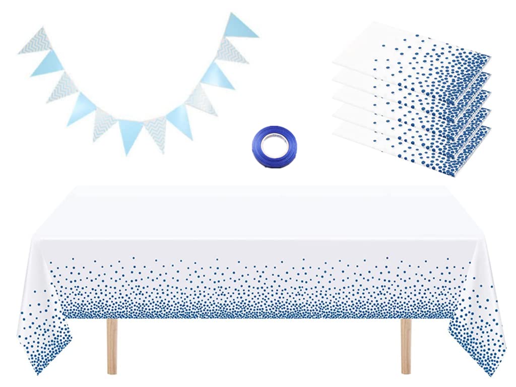 Kellegour Blue Dot Tablecloths,54" x 108"Blue and White Table Cloth,with Triangle Flags and Blue Ribbon,White and Blue Plastic Tablecloth,for Birthday/Wedding/Baby Shower/Graduation/Anniversary(5PCS)