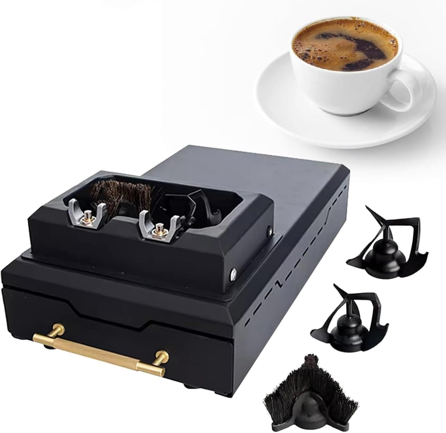 Pulitore elettrico per fondi di caffè per portafiltri da 58 mm, motore da 150 W, 300 giri/min, contenitore per fondi in acciaio inox per uso domestico e commerciale.