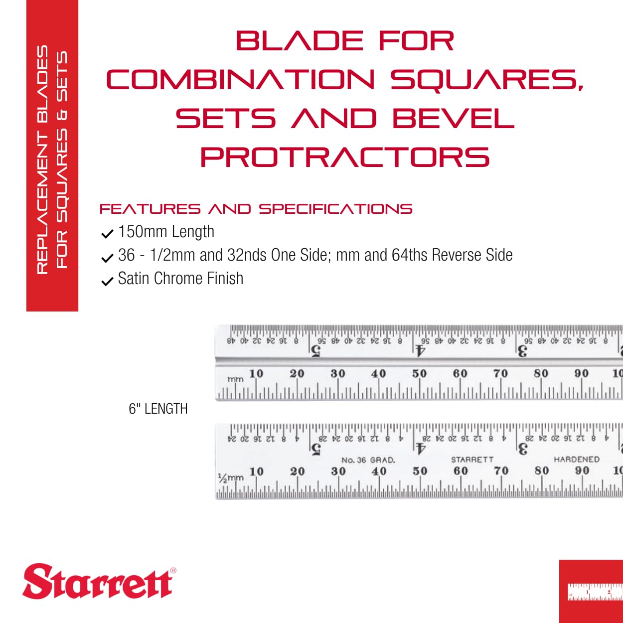 Starrett CB150-36 - Hoja cuadrada combinada con graduaciones de pulgada y milímetro, juegos y protractor biselado, 19 mm de ancho, 2 mm de grosor, 150 mm de tamaño