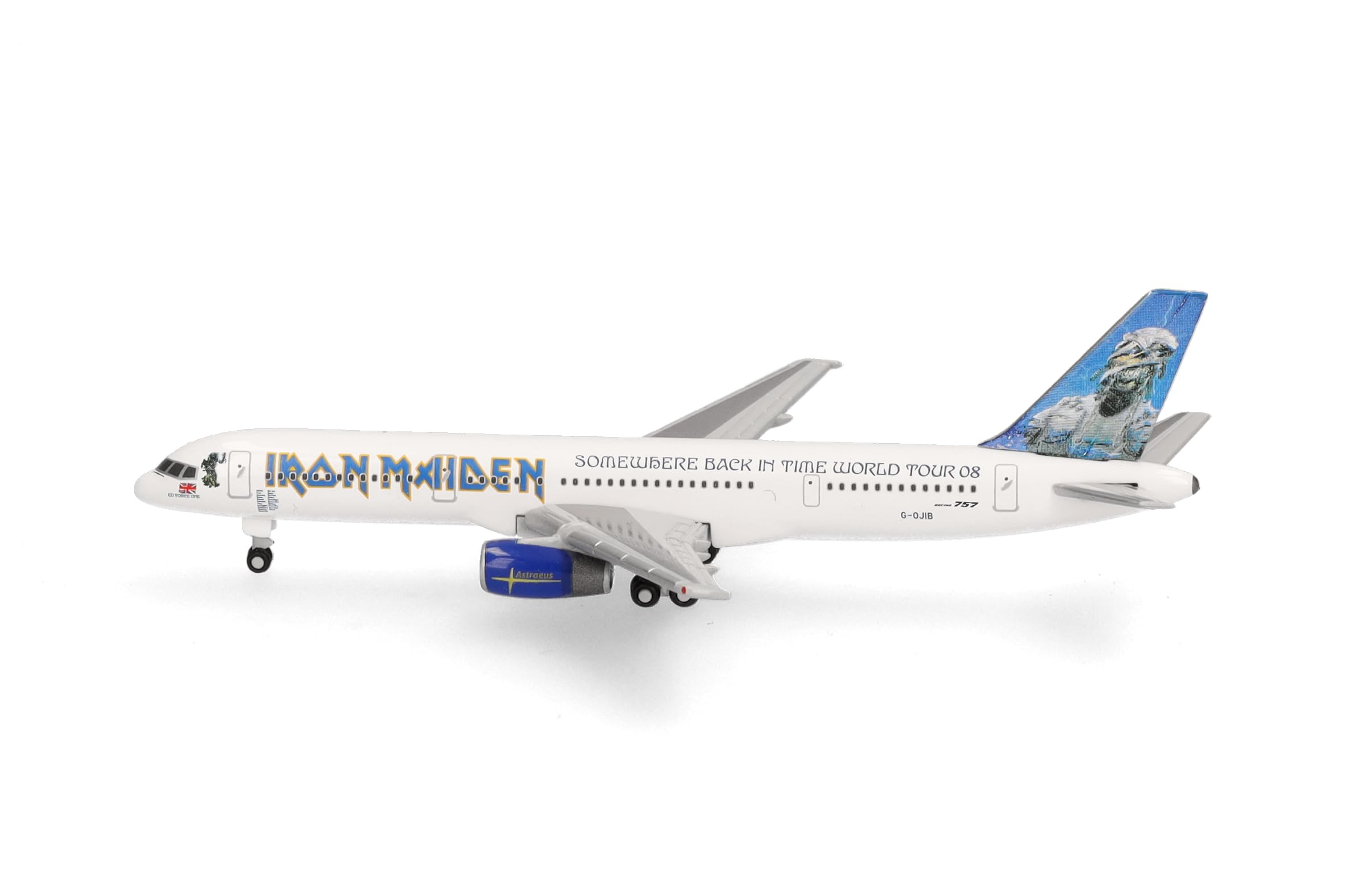 Herpa Modellflugzeug Iron Maiden (Astraeus) Boeing 757-200 "Ed Force One Somewhere Back in Time World Tour 2008 – G-OJIB, Miniatur im Maßstab 1:500, Sammlerstück, Modell ohne Standfuß, Metall