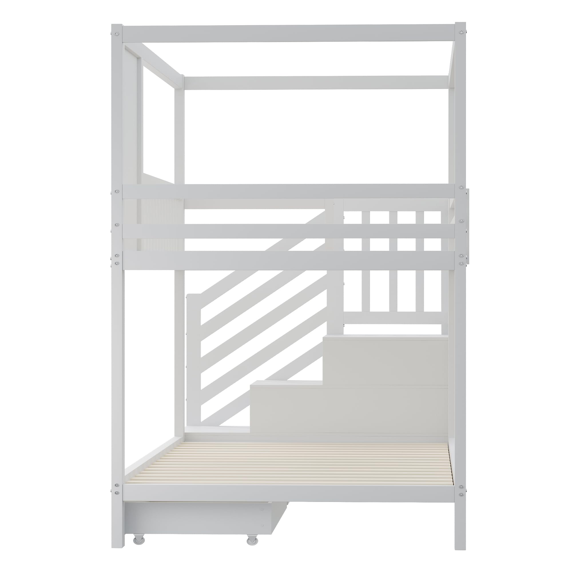 Moimhear Etagenbett Kinderbett, Massivholz Doppelbett, Hausform mit Fenstern, Sicherheitszaun-Design, Mit Aufbewahrungsschubladen und Sicherheitsleiter (Weiß, 90x200cm)
