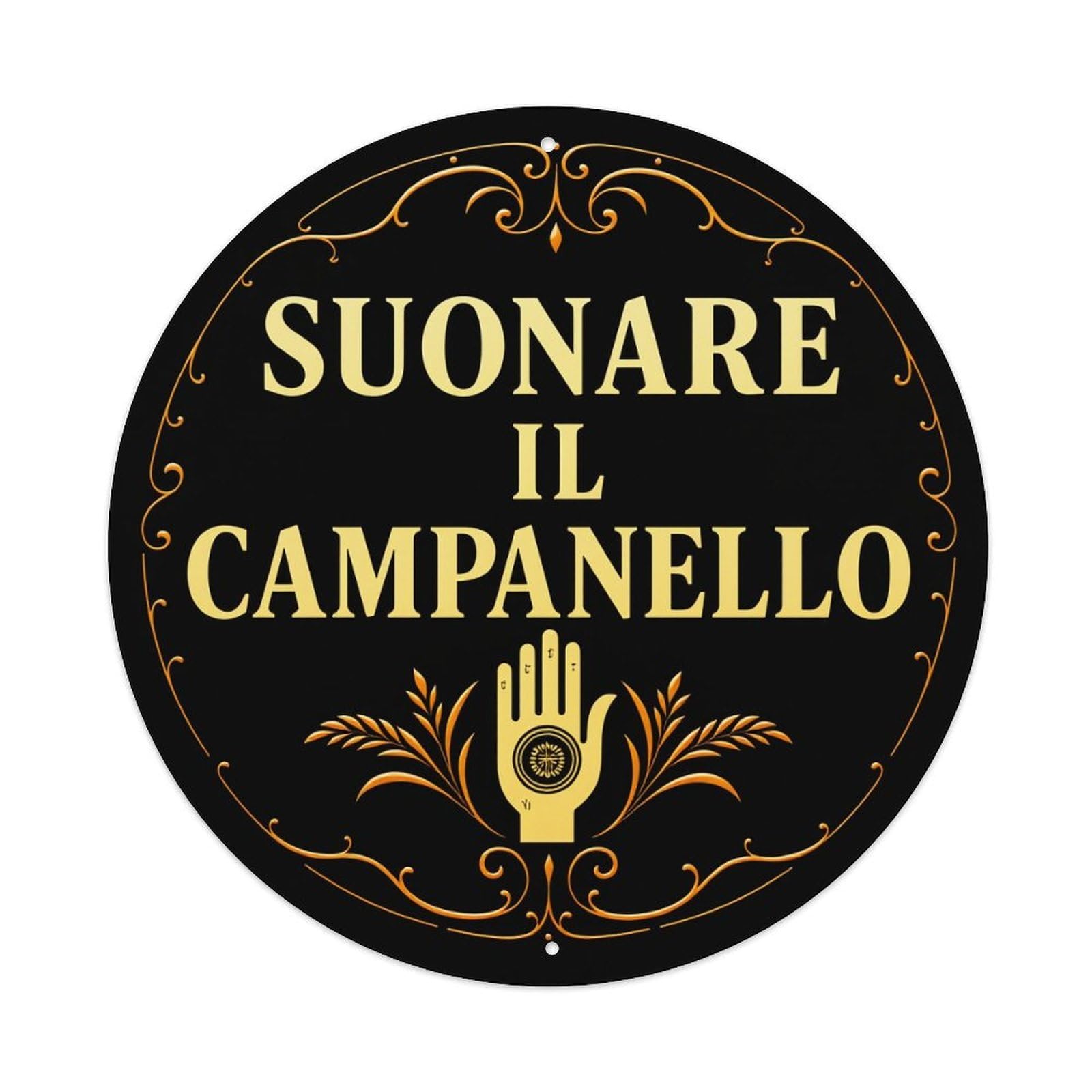 Golden Hand With Bell Symbol Metal Tin Sign Vintage Garden Bedroom Cafe Bar Man Cave Home Wall Decor Metal Poster 8x8 inches