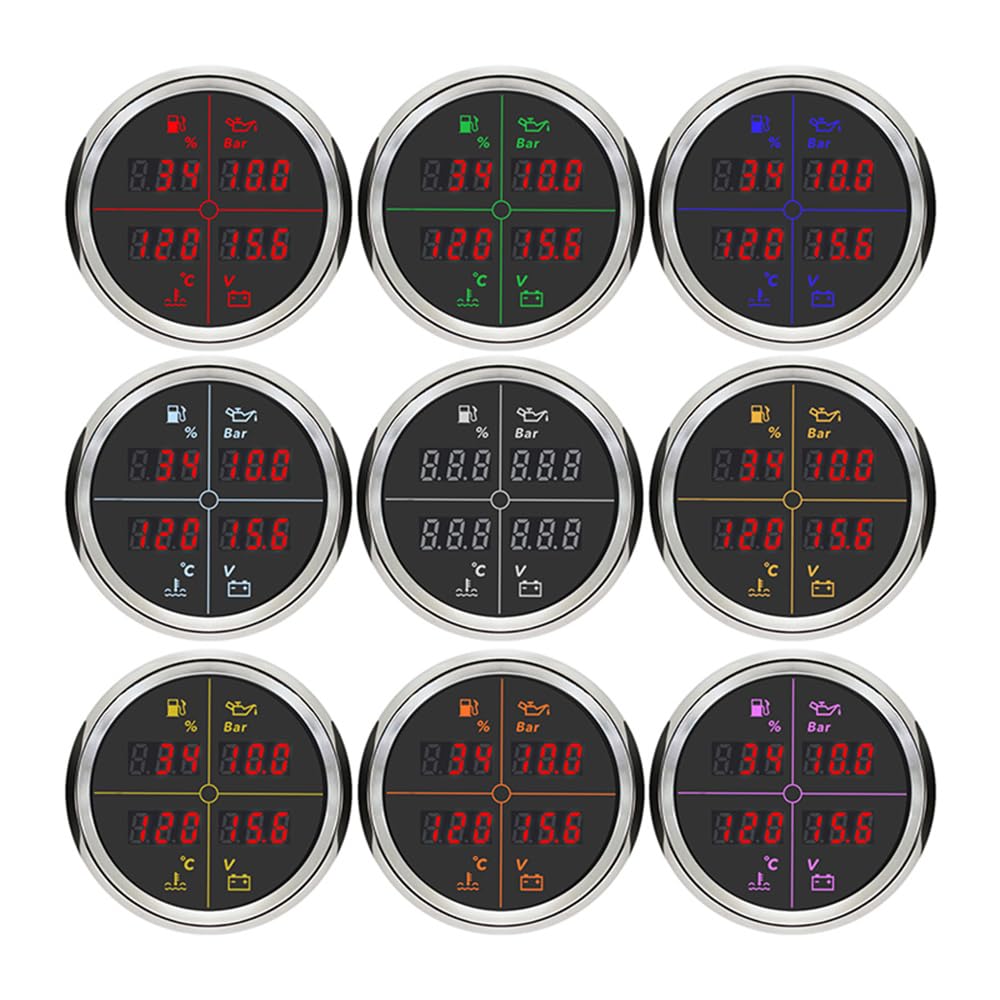 ELING 52 mm - Affichage numérique multifonction - Niveau de carburant - Pression d'huile - Température de l'eau - 12 V 24 V - Avec rétroéclairage 8 couleurs