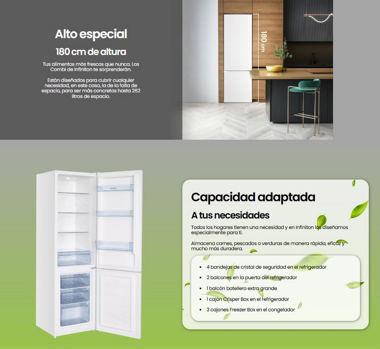 Frigorifico Combi INFINITON FGC-262C80, 180 cm, 262 Litros, E, Ciclico, Puerta Reversible, Control Mecánico (Blanco || FGC-262C80BEP)