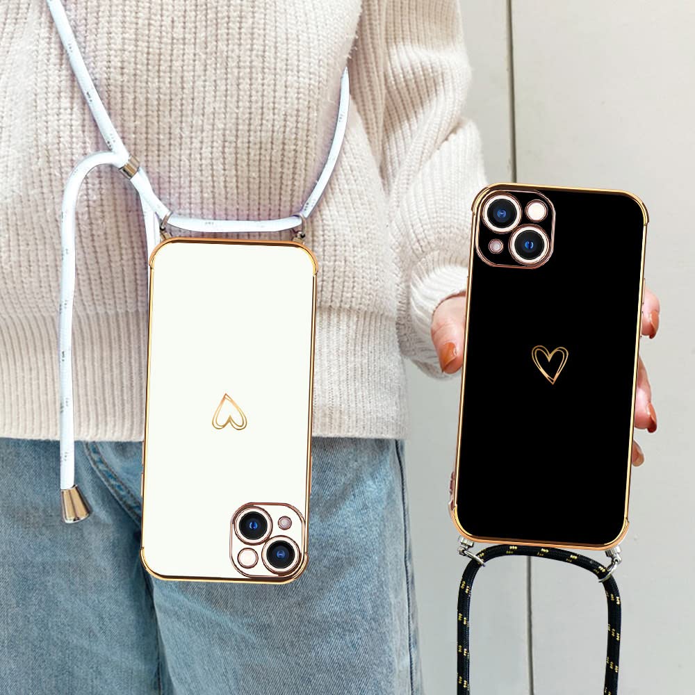 IPhone 14 Hülle Mit Handykette – Silikon, Love-Design, Galvanisiert Schwarz-gold, Mit Verstellbarem Band & Airbag-Schutz