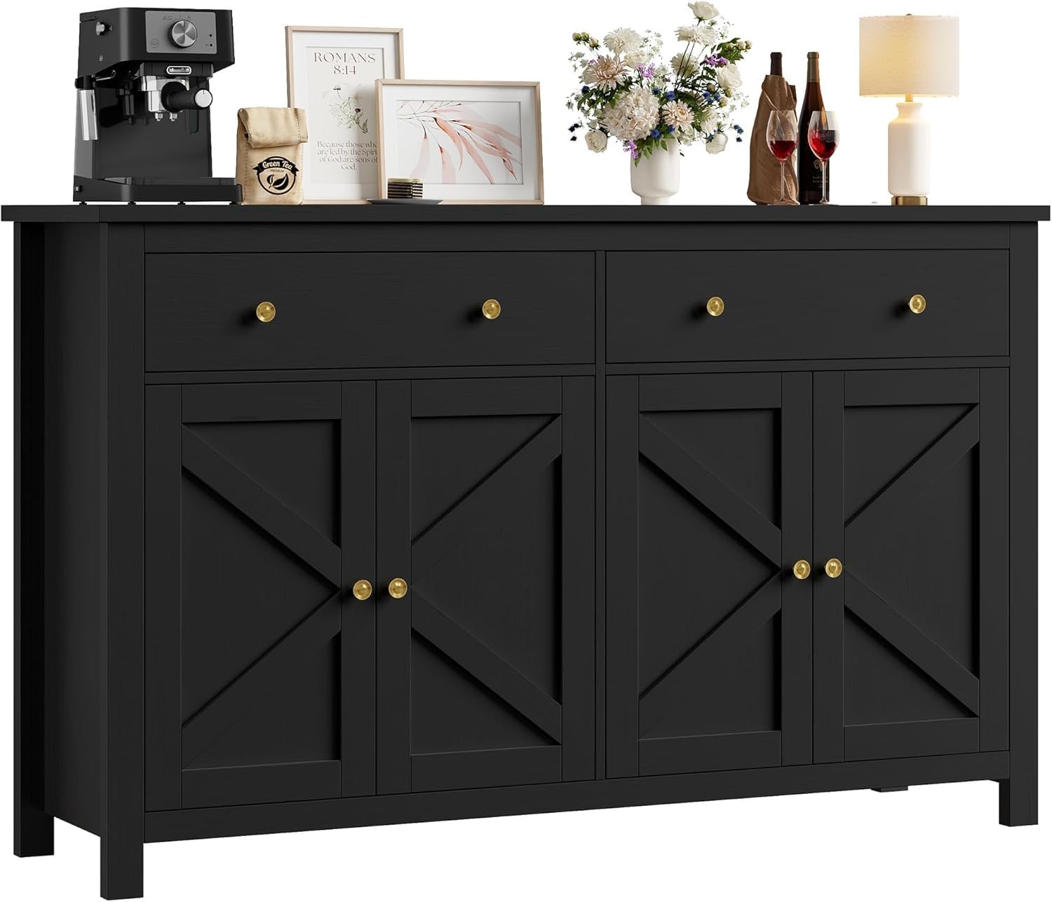 FirFurd Credenza Cucina 140CM,Madia Cucina con 2 Cassetti e 4 Ante Nero | Mobile Cucina con Piano Superiore Ampio Allungato｜Ripiani Regolabili o Rimovibili｜per Soggiorno, Cucina 140x40x89cm
