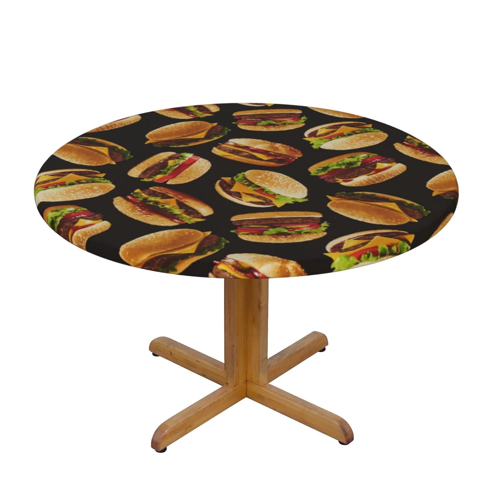 Lsjuee Round Fitted Tablecloth 45-50in Elastic Edged Table Cloth for Kitchen Dining Party Home Decor - Burgers Black