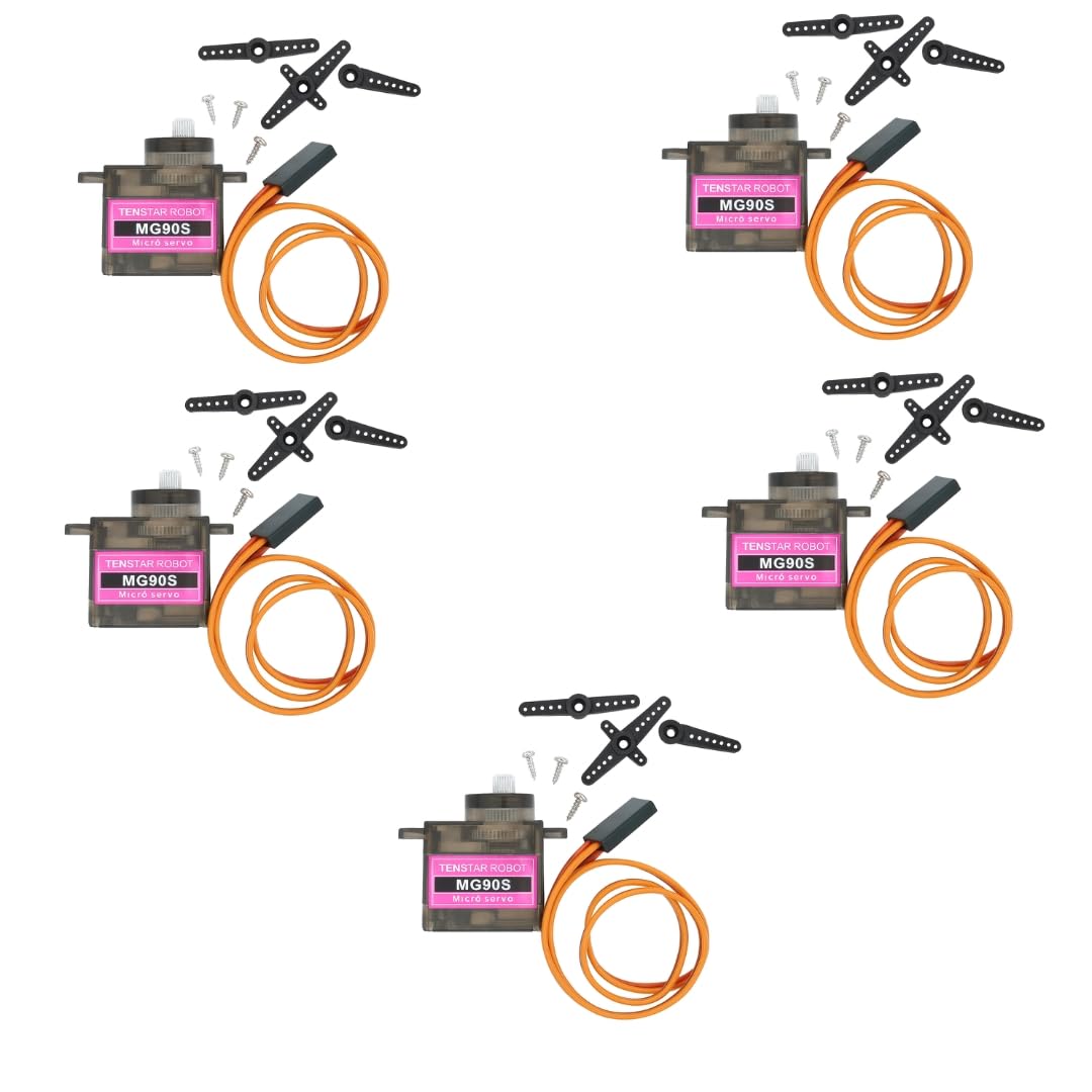 5 x Micro Servo Moteur MG90S 360º en Metal, Noir, Pour Hélicoptère RC Smart Robot Voiture Avion Bateau, Connecteur à 3 fils, Contrôle de Mouvement de Précision, Robotique et Modélisme
