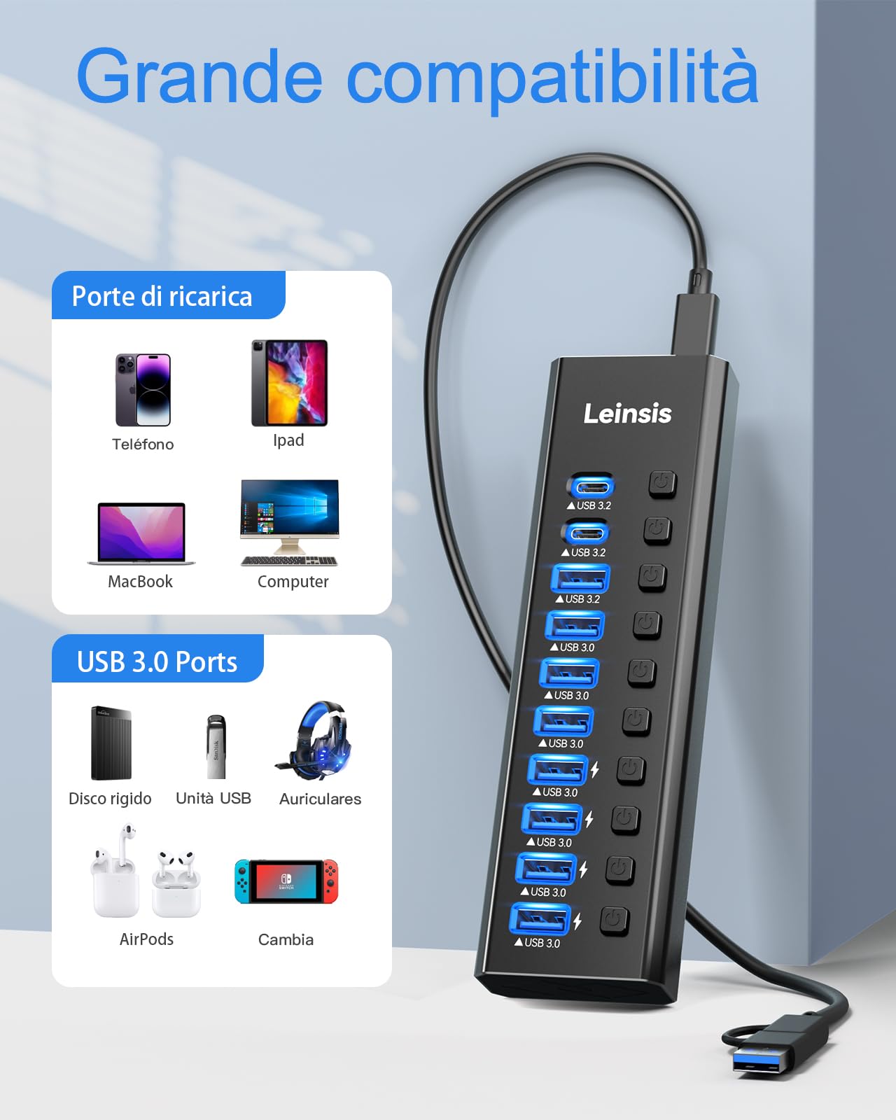 LEINSIS - Hub USB 3.2 a 10 porte USB 3.2/USB C Hub (10 Gbps USB-A 3.2 +2 USB-C 3.2 + 7 porte USB 3.0) con interruttori di accensione/spegnimento individuali e adattatore di alimentazione da 12 V, Hub