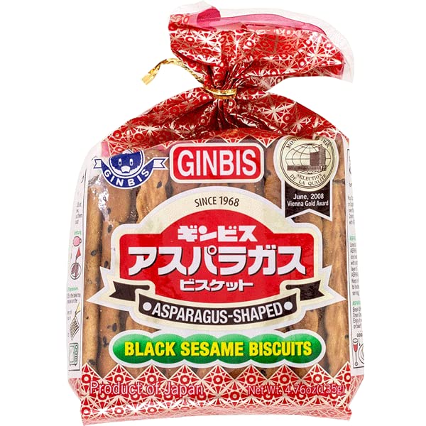 Ginbis Asparagus Shaped Black Sesame Biscuits 135g, MADE IN JAPAN, Limited Stock (10, Valued Pack)