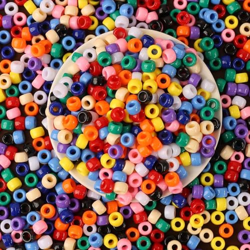 DAHI Mélange de 1000 Perles Poney Multicolores 6 x 8 mm, Perle Cheveux, Perles en Plastique avec Grand Trou, pour Bricolage Bijoux Bracelet Collier (A)