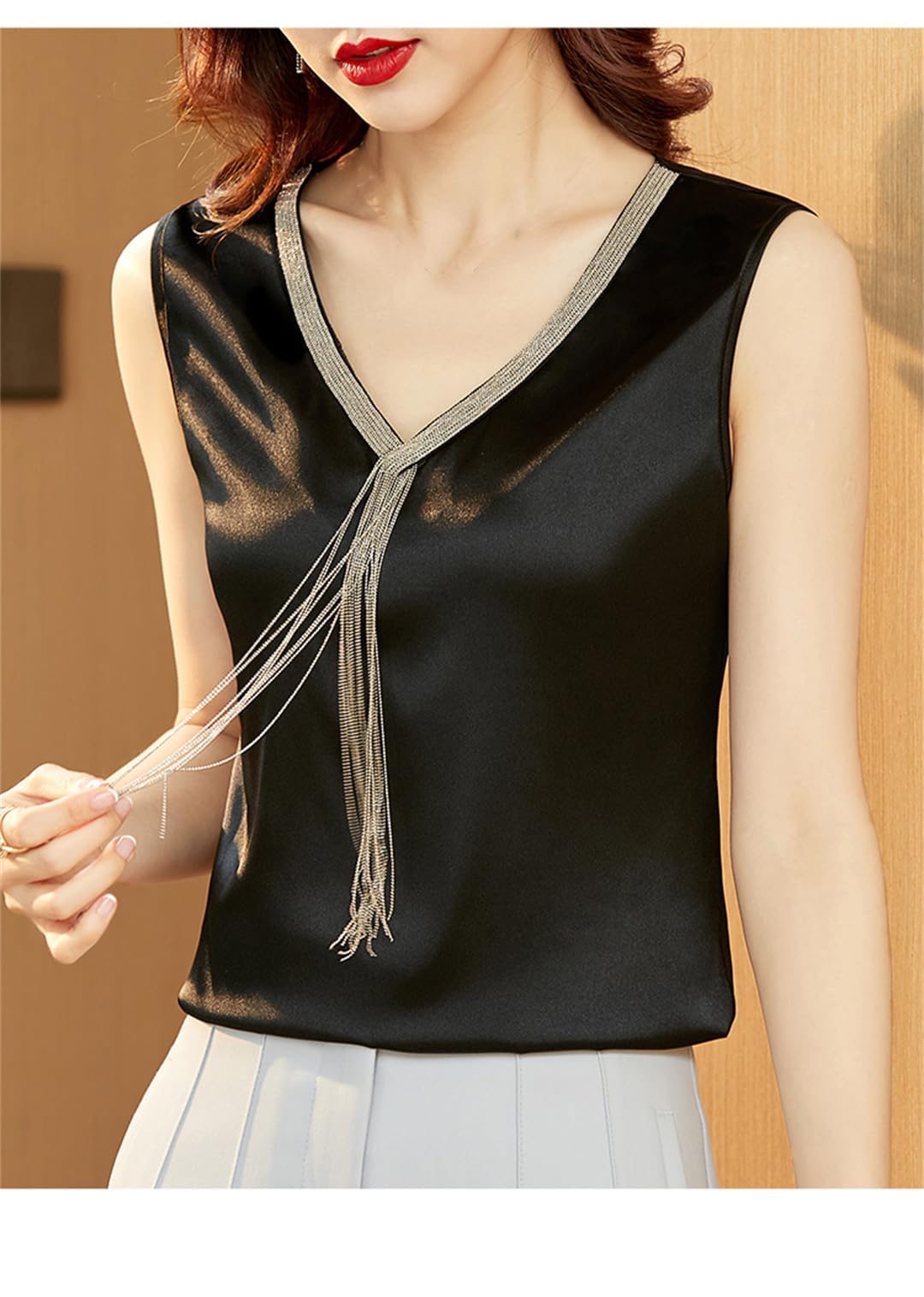 Camicetta da donna in seta, senza maniche, estiva, scollo a V, stile casual