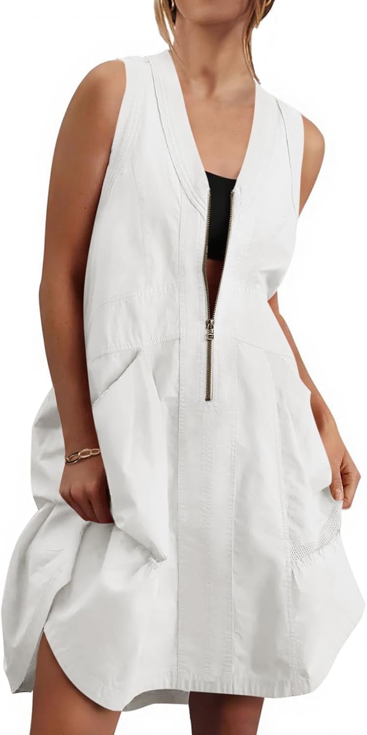 Fisoew Women's Sleeveless Tank Mini Dress Casual Half Zip V Neck Loose Mesh Back Utility Summer Dresses with Pockets