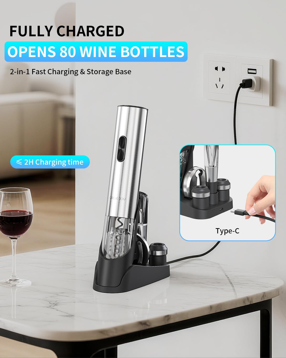 CIRCLE JOY Ouvre-bouteille électrique 7 en 1 en acier inoxydable rechargeable avec pompe à vide automatique, coupe-capsule, bec verseur, 2 bouchons sous vide et station de charge