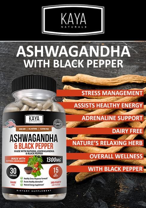 Miniatura 2 de Kaya Naturals Raíz de ashwagandha orgánica con pimienta negra  Suplemento adaptógeno de máxima fuerza de 1300 mg, ayuda a la salud suprarrenal,