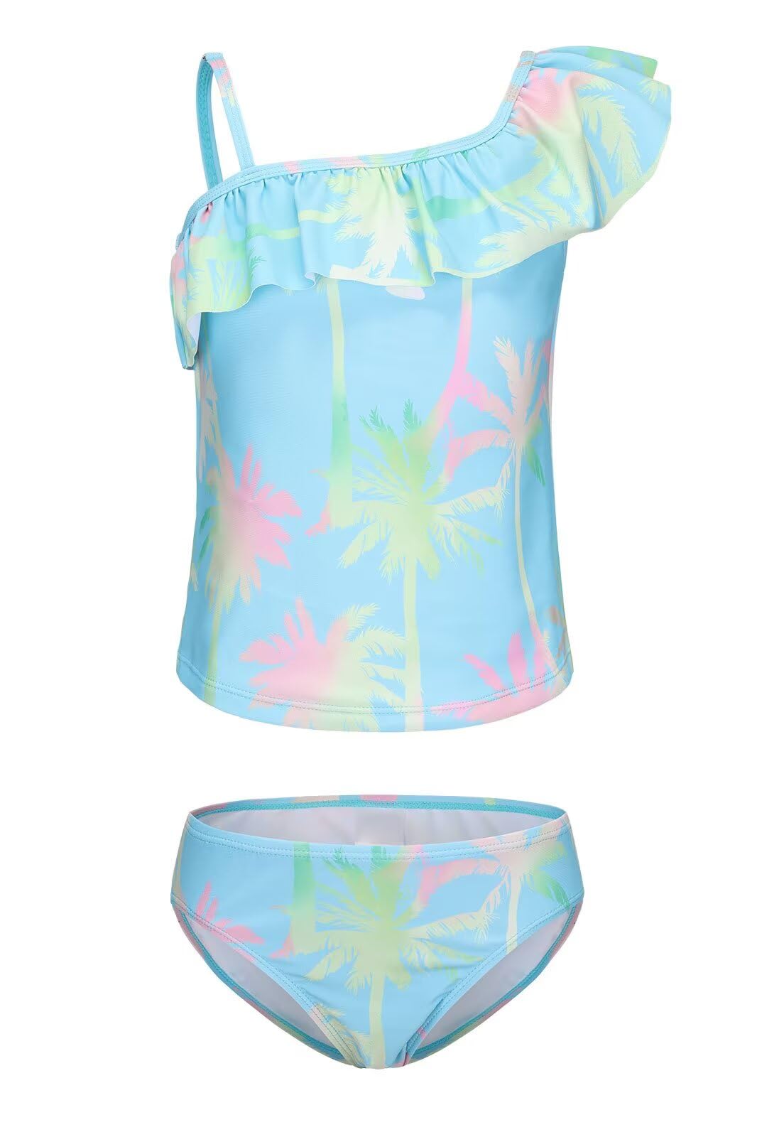 Girls Two Piece Tankini Swimsuits Tie Dye Bathing Suit for Kids One Shoulder Swimwear 3-16 Years