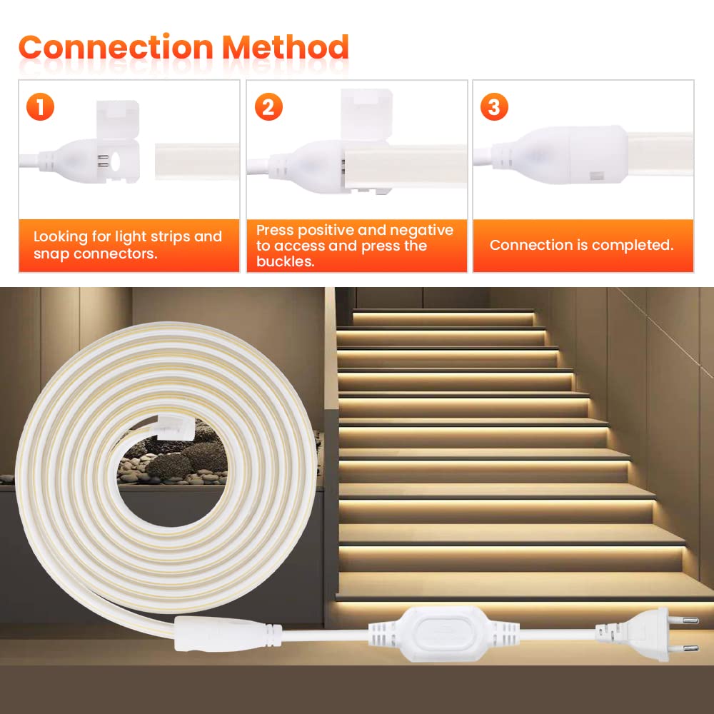 Tira LED neón COB 220V [20M，Blanco Cálido (3000-3500K)], IP65 impermeable flexible, 288 LEDs/m Tira LED FCOB cortable CRI85+, iluminación para dormitorio, cocina, sala de estar y tiendas
