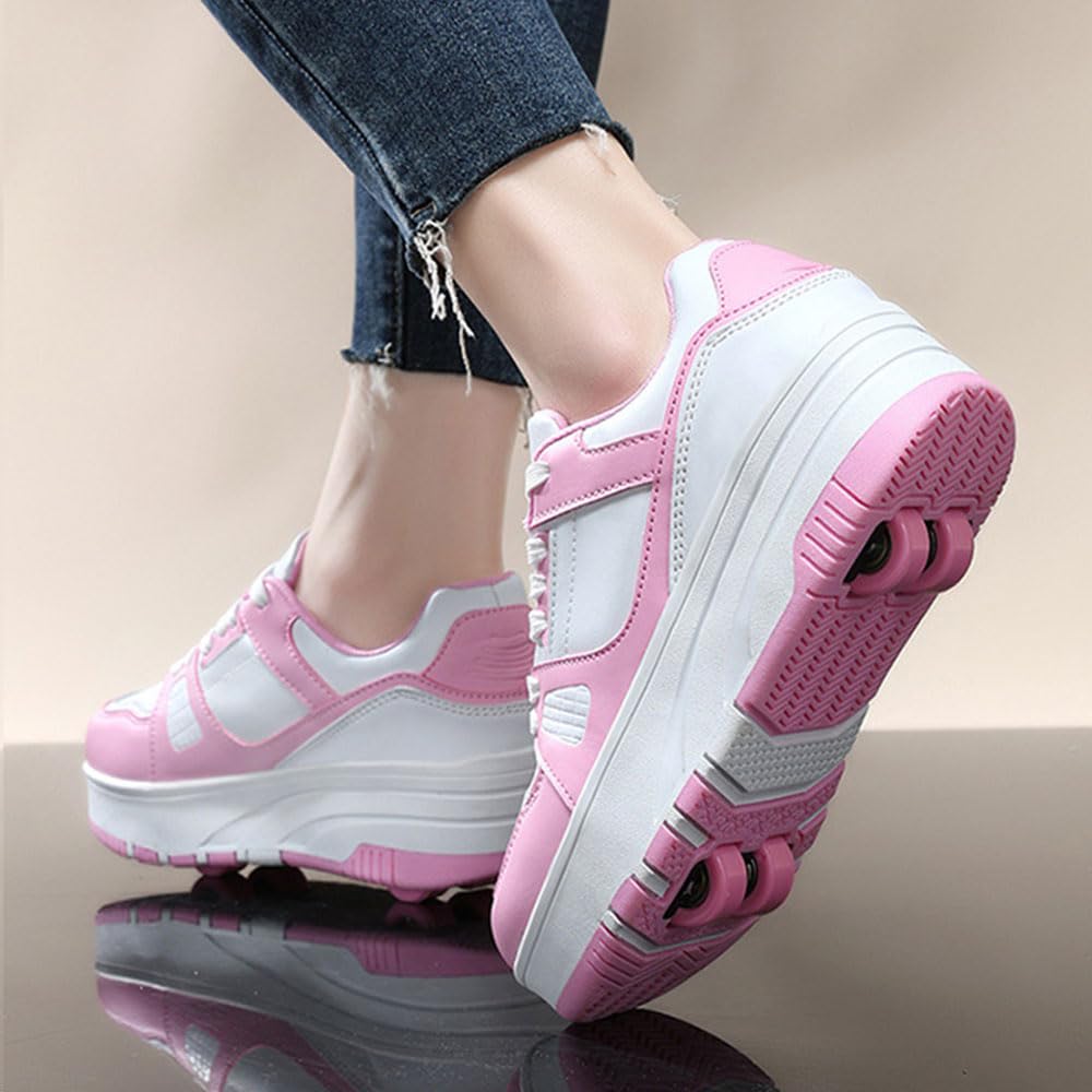 ENEN Zapatos con Ruedas para Niños y Niñas, Zapatillas de Patinaje Multifuncionales Rosa Blanco/Negro Blanco
