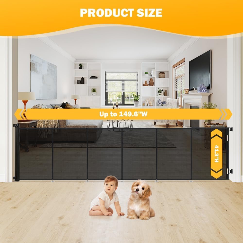 Upgraded 150" Extra Wide Retractable Baby Gates, 41" Tall Mesh Dog Gate for Preventing Escaping, Extra Long Pet Gate for Outdoor, Indoor, Hallways, Deck, Porch, Black