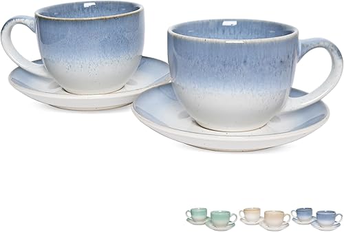 Bosmarlin Juego de 2 tazas y platillo de cerámica para capuchino, 10 onzas, aptos para lavavajillas y microondas, tazas de café para café con leche,