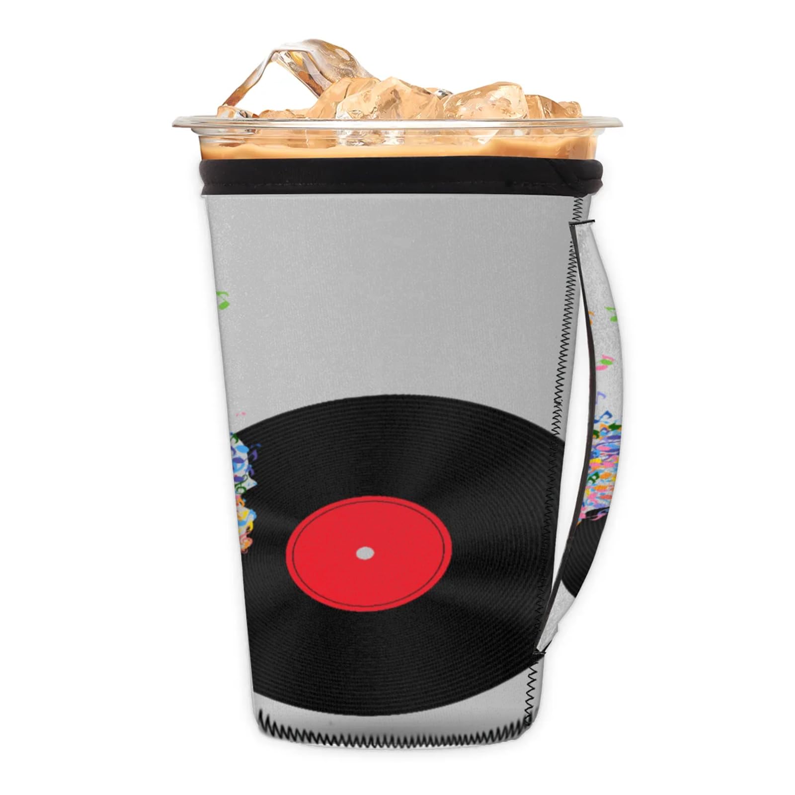 Color Music Notes Reusable Neoprene Coffee Sleeve with Handle Insulated Iced Coffee Cup Holder Reduces Condensation Fits 24-28 oz Cups M