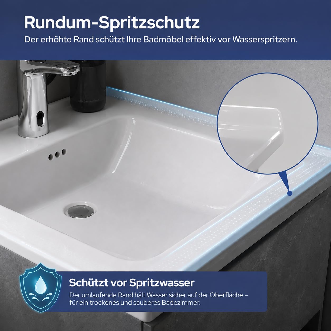 Lavabo empotrable de cerámica con orificio para grifo, 60 x 47 x 15 cm