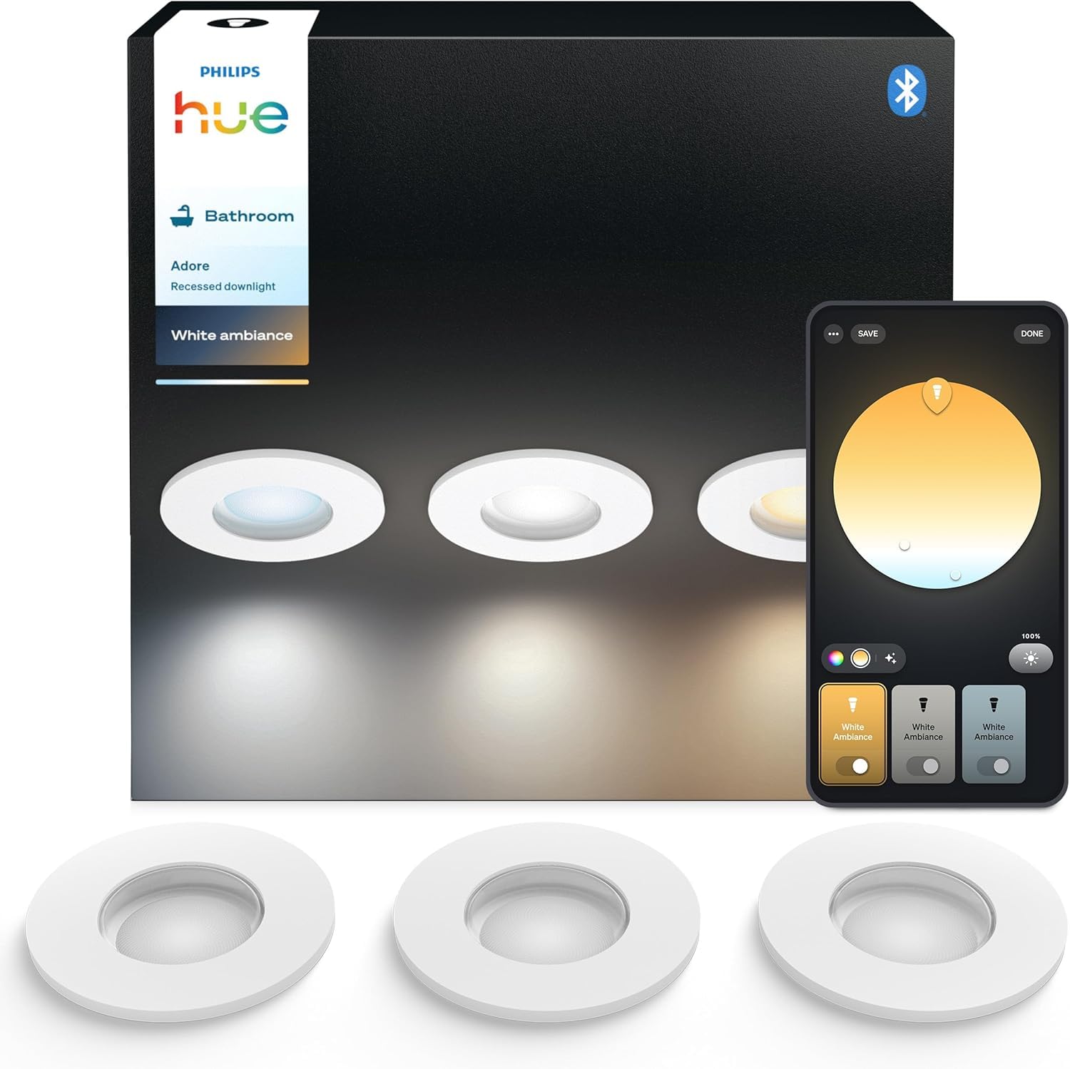 Philips Hue White Ambiance Adore, Faretto LED Smart da incasso, luce da bagno dimmerabile, Rotondo, Bianco, 3x4.2W, Telecomando Dimmer Switch incluso