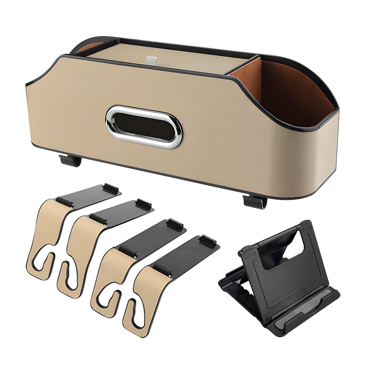 Car Back Seat Organizer, with 2 Drink Cup Holder Organizers, Multi-functional Tissue Storage Box Organizer & Hooks, Suitable for Children and Adults, Car Travel Accessories (Beige)