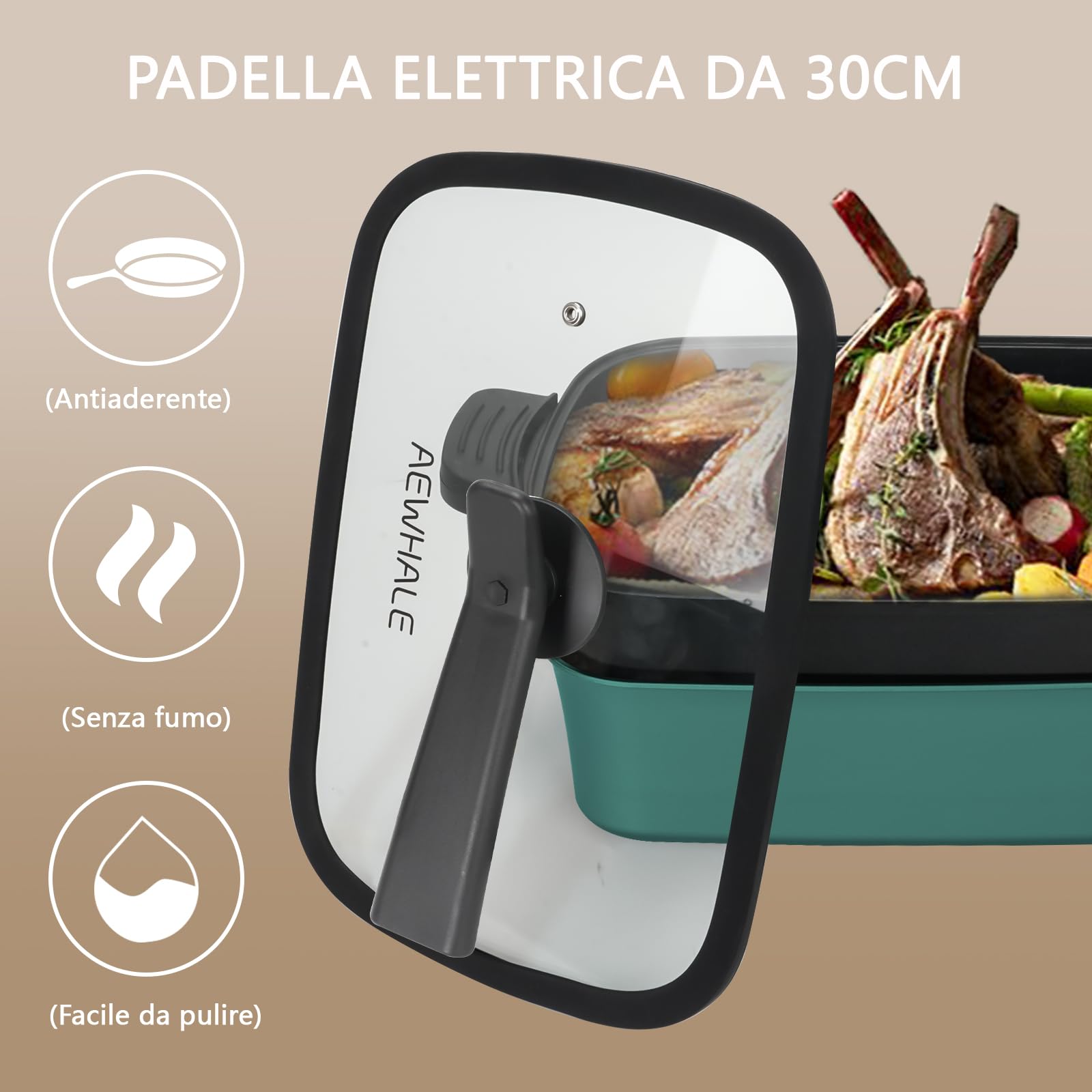 AEWHALE 3 en 1 Sartén Multifuncional Grill Eléctrico,Sartén eléctrica con tapa de cristal 1500W Revestimiento Antiadherente,Superficie Extraíble y asas de tacto frío Sartén eléctrica para Panqueques