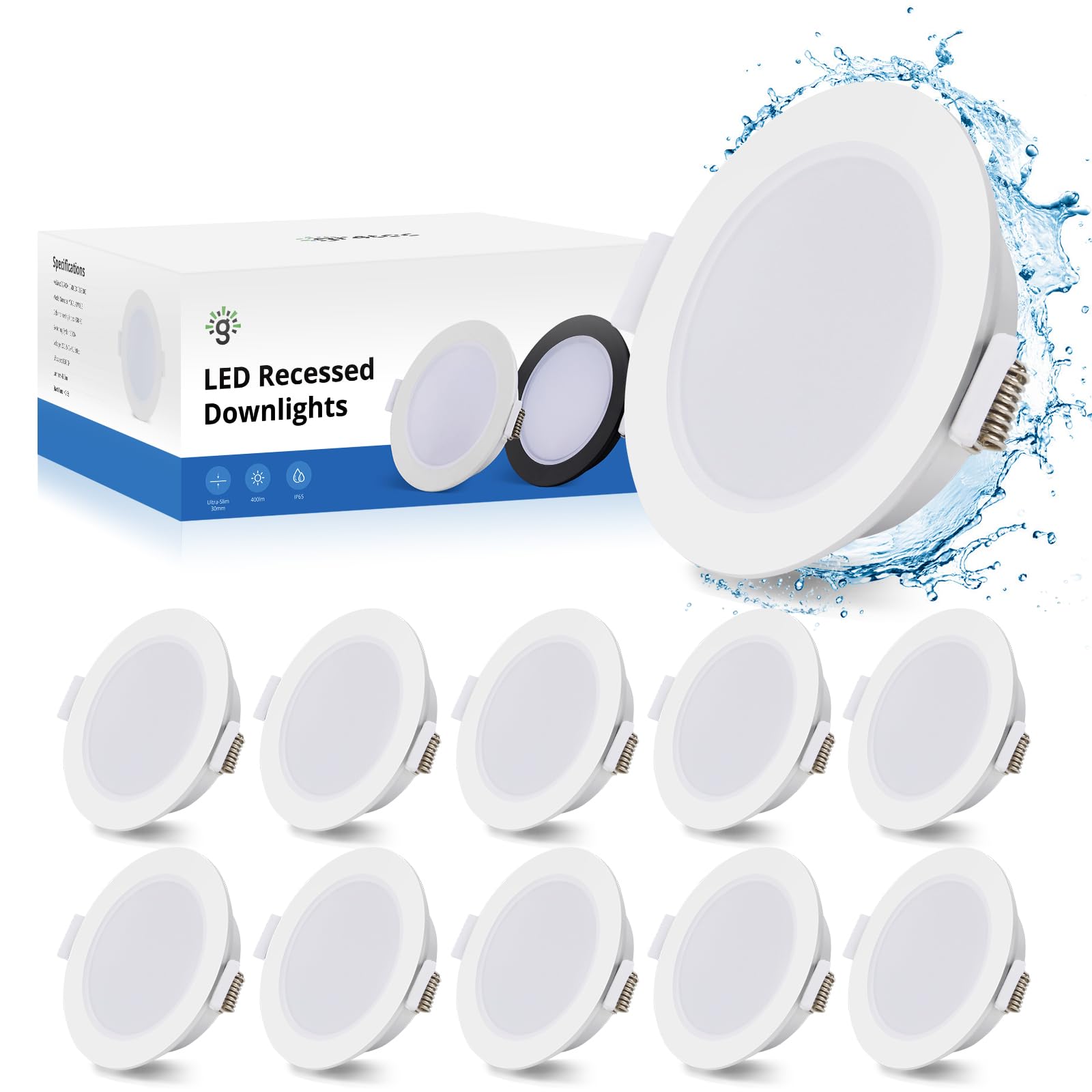 Gr4tec LED Spots 230V IP65, 10er-Set 5W LED Einbaustrahler 68mm Warmweiß 2700K 400LM, Einbauleuchten Deckenspots Flach, Spots Deckenleuchte Weiß für Badezimmer Küche Wohnzimmer