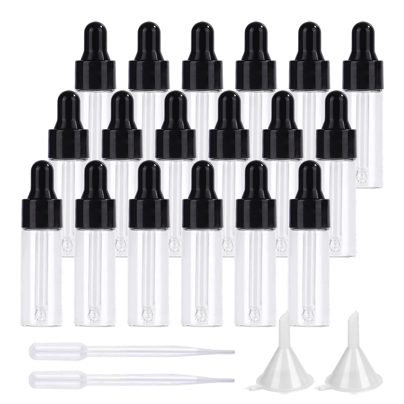 200 Pezzi Piccolo Bottigliette Contagocce di Vetro Trasparente da 5 ml,Vuote Mini Bottiglia di vetro con Nero pipetta, pipetta per Oli Essenziali, Laboratorio, Olio Essenziale, Aromaterapia