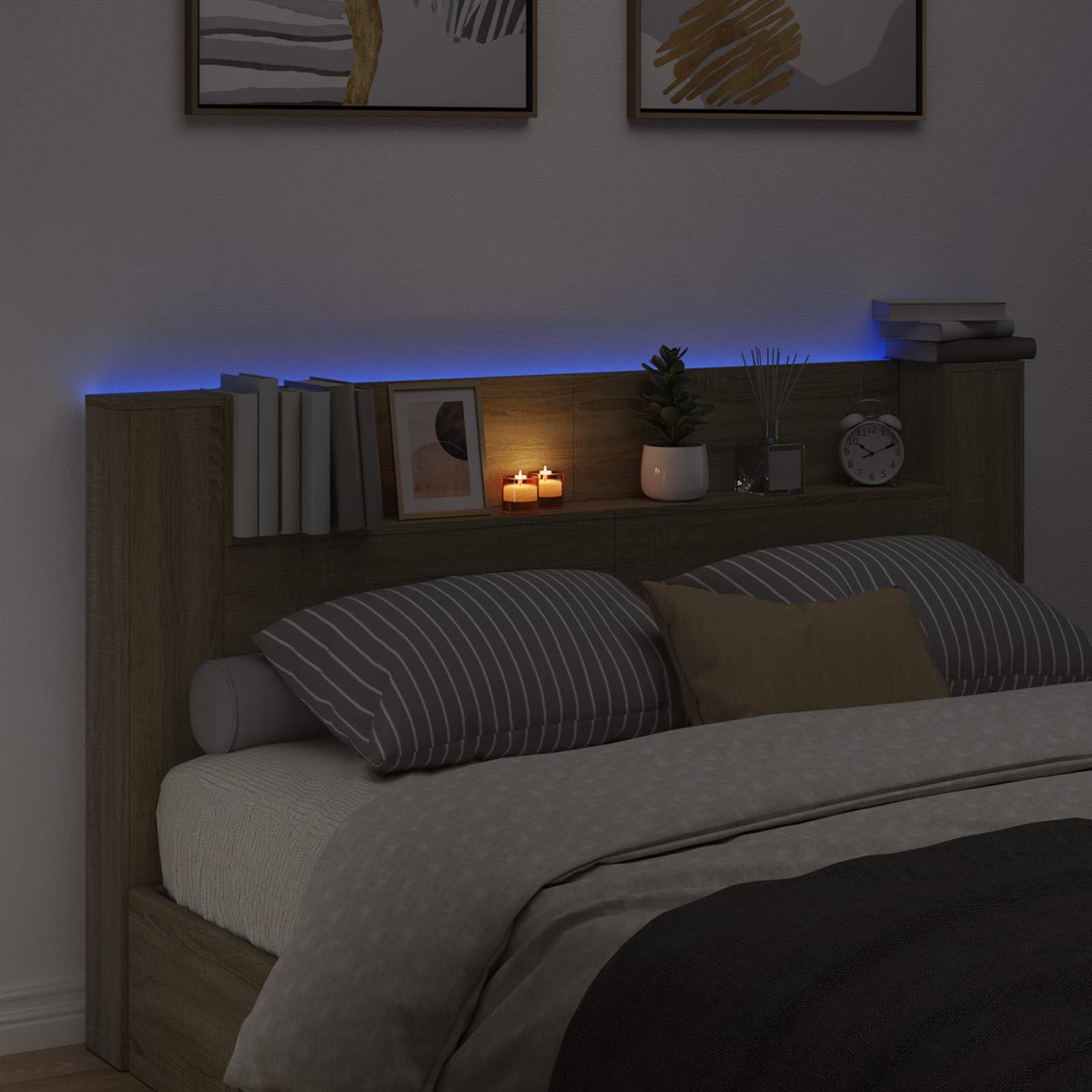 Cabecero de Cama de 180 cm, Camas con Mesitas y Luces, Cabezal con Contenedor, Cabecero Cama con Librería, Doble o Individual, Roble Sonoma