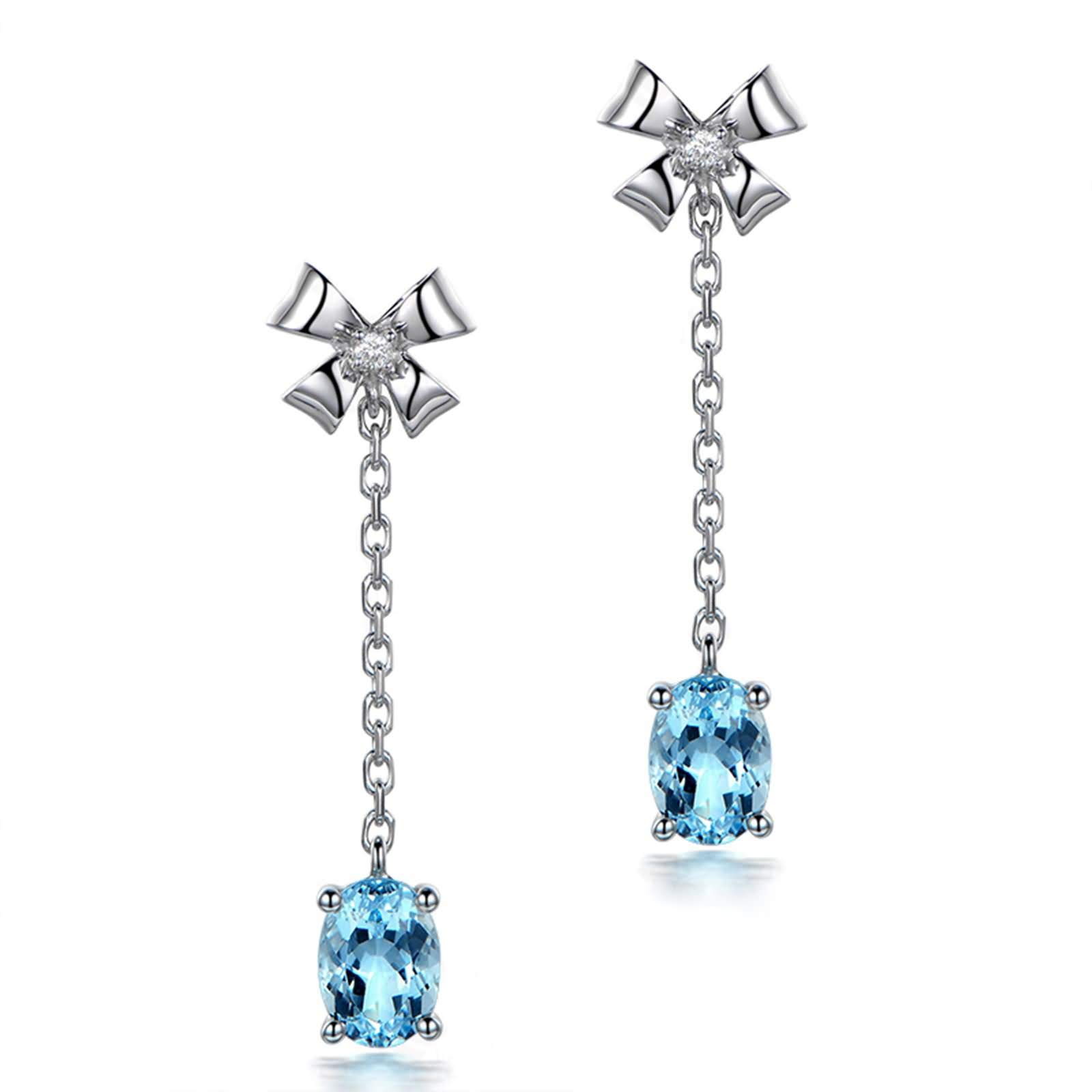 Aquamarin-Tropfenohrringe für Damen, baumelnde Ohrringe für Damen, Diamant-18-Karat-Schleife mit Kette und ovale Aquamarin-Ohrringe von 1,65 ct