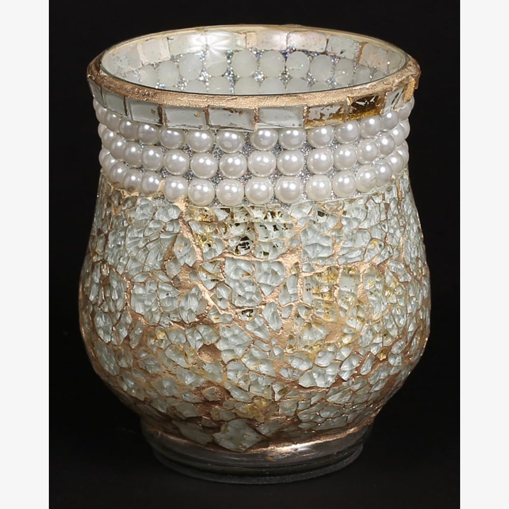 Small Hurricane Shaped Mosaic Votive Holder or vase with Light Green Mirror Chips, Gold Grout and Three Rows of White Color Beads Set of 2