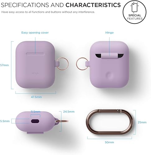 Miniatura 6 de Funda de silicona elago con llavero, compatible con el estuche de Apple AirPods 1 y 2, LED frontal visible, soporta carga inalámbrica, silicona