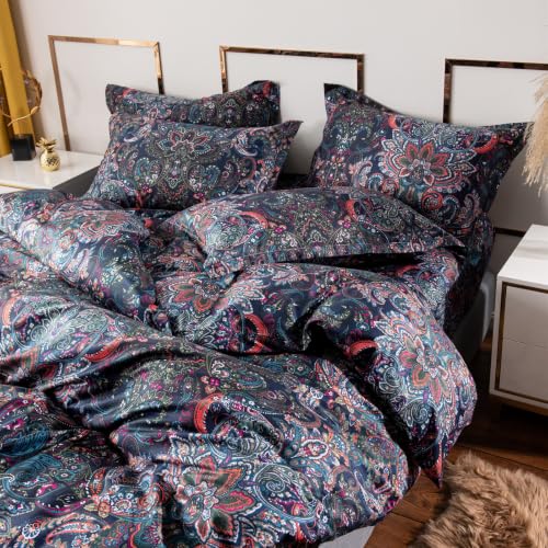 VM VOUGEMARKET Retro Paisley Duvet Cover Queen Size Boho Damask Duvet Cover Sets 100% Brushed Cotton Bedding Set,1 Duvet Cover and 2 Pillow Shams for All Seasons-Stormy Blue