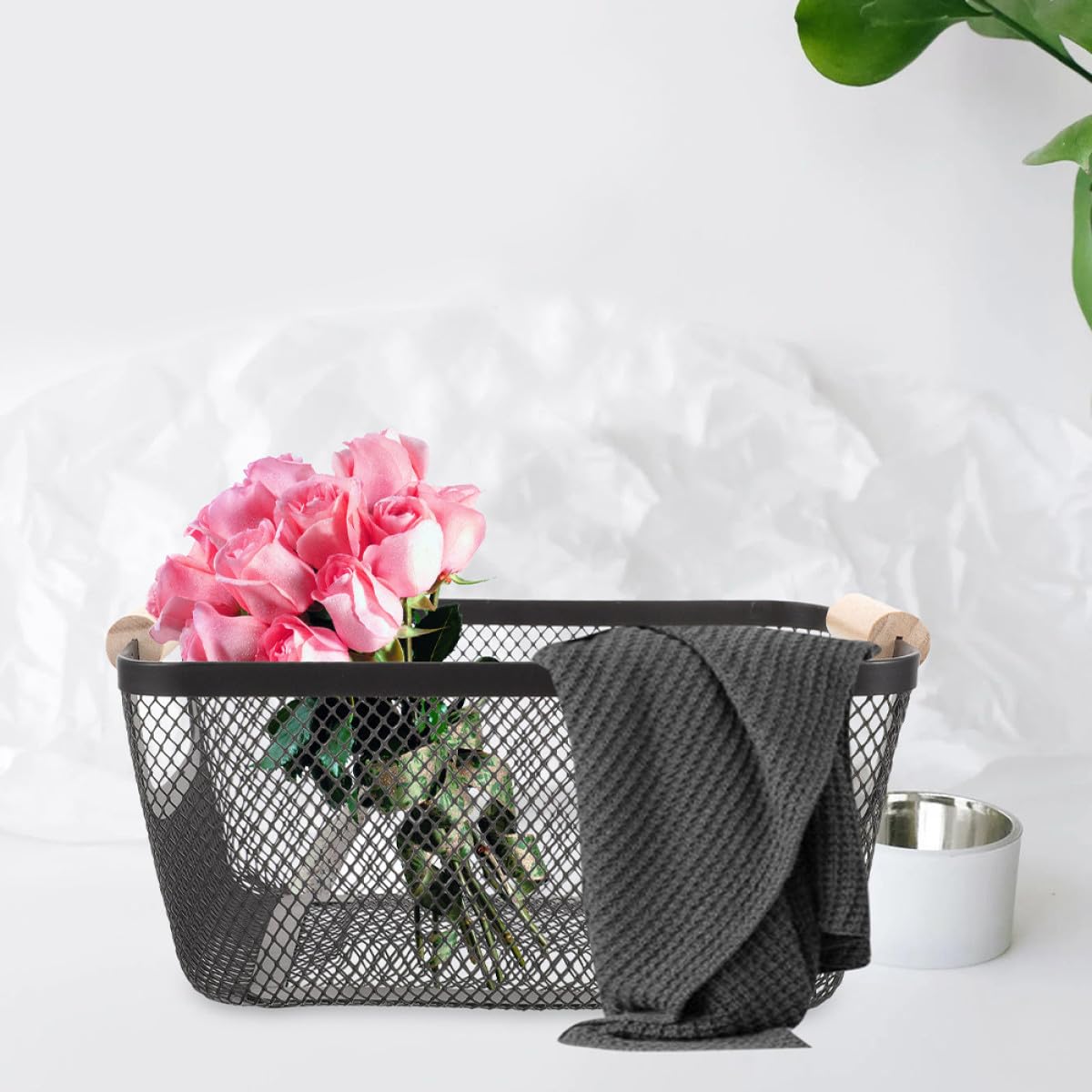 INOOMP Cesta de Gran Capacidad Rectangular de Metal Mango de Madera Estilo Nórdico para Almacenamiento y Organización en Baño y Estantes