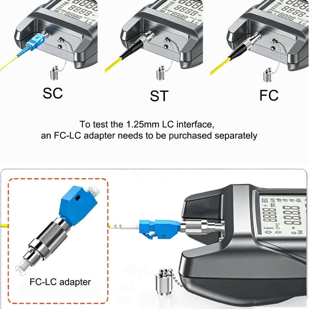 Testeur Câble Optique Portable, Photomètre Fibre Optique FTTH pour FC/SC/ST Interface universelle, 10 Longueurs d'onde testées, -70 dBm à +10 dBm