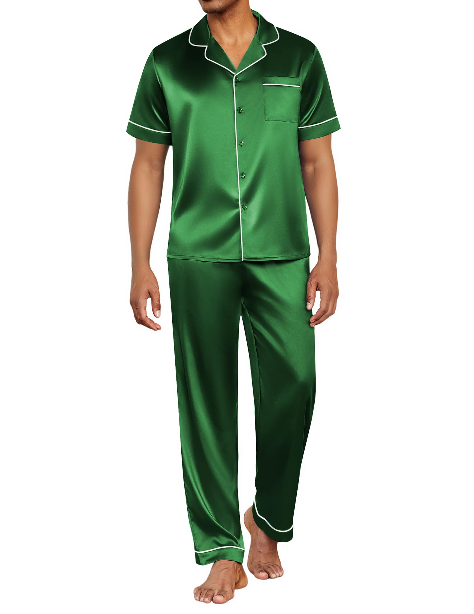 Mens Satin Pajama Set Short Sleeve Button Down Sleepwear Classic Loungewear Set with Long Pants